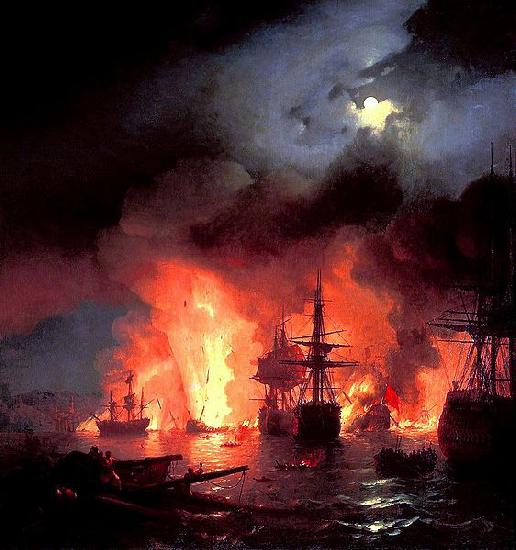 Ivan Aivazovsky Battle of cesme at Night Sweden oil painting art